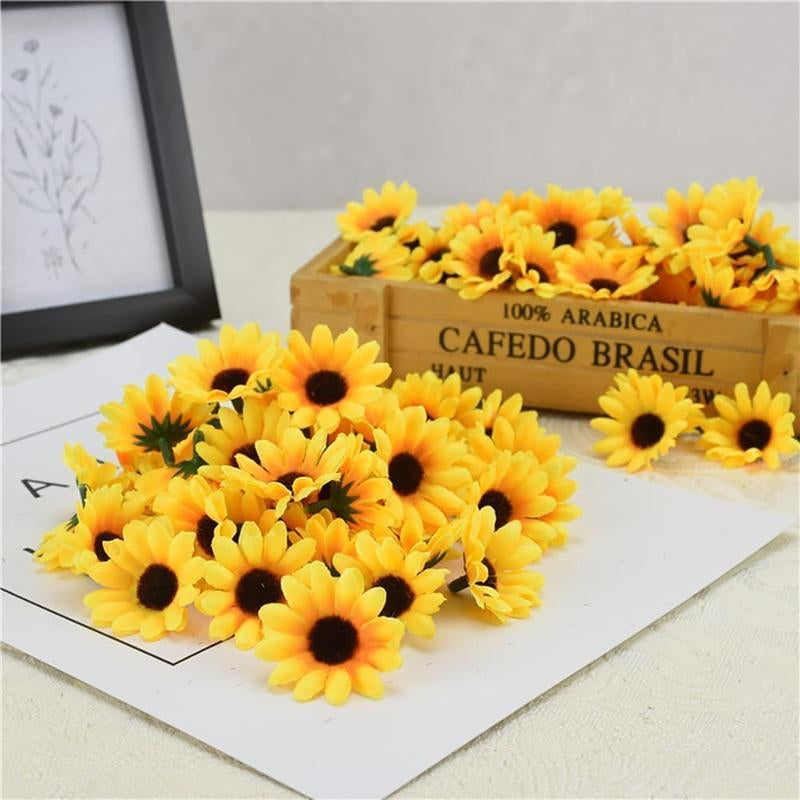 Fall Halloween Gift 100Pcs Yellow Artificial Flower Heads Mini Fake Sunflower Decorative Fabric Flowers Craft Floral Embellishments