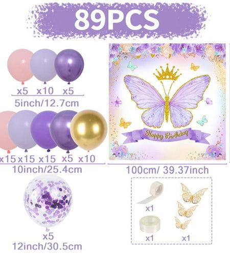 Butterfly Birthday Balloon Arch Kit, 95Pcs Purple Pink Butterfly Birthday Party Decoration DIY Set, Lavender Balloons Foil Balloons, Happy Birthday Backdrop Tablecloth, Girl'S Birthday Party Balloon Garland, Party Supplies, Father'S Day Gift