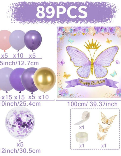 Load image into Gallery viewer, Butterfly Birthday Balloon Arch Kit, 95Pcs Purple Pink Butterfly Birthday Party Decoration DIY Set, Lavender Balloons Foil Balloons, Happy Birthday Backdrop Tablecloth, Girl&#39;S Birthday Party Balloon Garland, Party Supplies, Father&#39;S Day Gift
