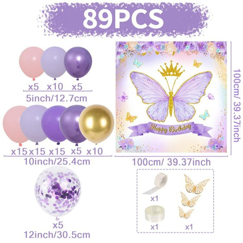 Butterfly Birthday Balloon Arch Kit, 95Pcs Purple Pink Butterfly Birthday Party Decoration DIY Set, Lavender Balloons Foil Balloons, Happy Birthday Backdrop Tablecloth, Girl'S Birthday Party Balloon Garland, Party Supplies, Father'S Day Gift