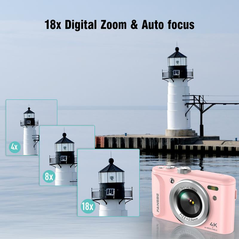 Compact Portable 4K Digital Camera, Travel 4K Digital Camera Pocket, Digital Cameras Autofocus Vlogging Anti-Shake 18X Zoom 64MP 8 Modes 2.8" HD LCD Charger 32GB Card Reader, Pink