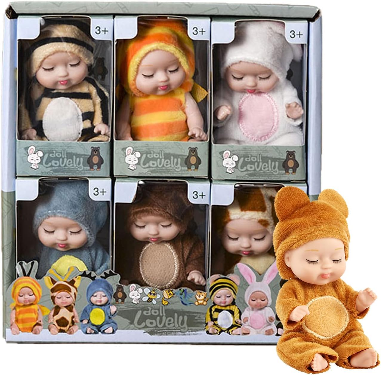 6 Pcs Mini Baby Dolls 4 Inch Gift Set Cute Small Baby Doll Toys with Animal Clothes and Bunk Bed for Kids 3+ Year Old Gift (Style D)