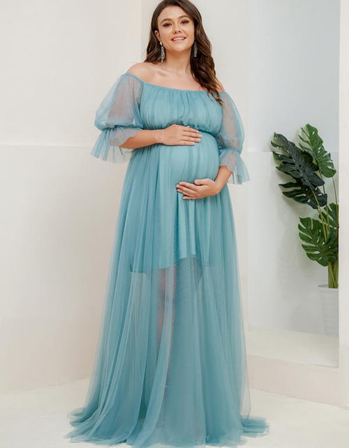 Load image into Gallery viewer, EVER PRETTY Sheer Off-Shoulder Double Skirt Maxi Maternity Dress below the Ankle Square Neckline Long Sleeves Concealed Zipper Back 20862
