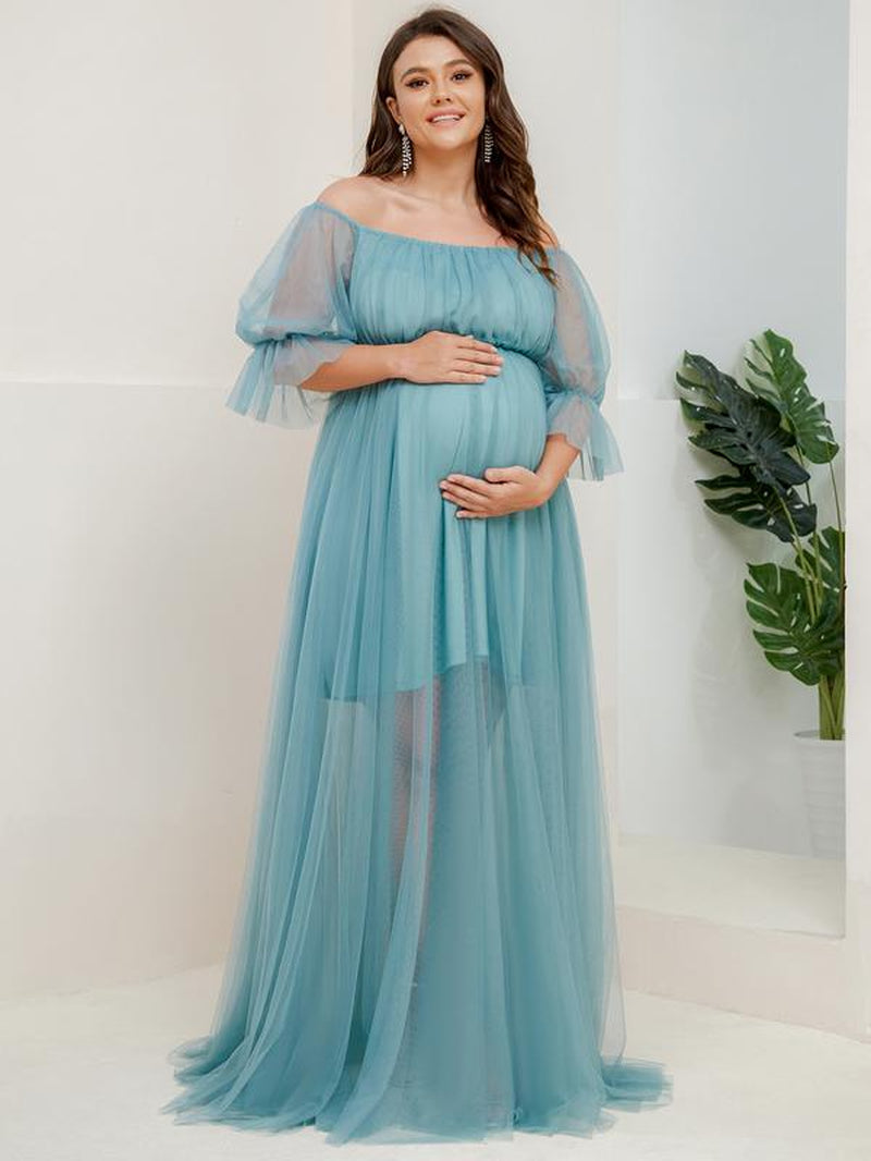 EVER PRETTY Sheer Off-Shoulder Double Skirt Maxi Maternity Dress below the Ankle Square Neckline Long Sleeves Concealed Zipper Back 20862