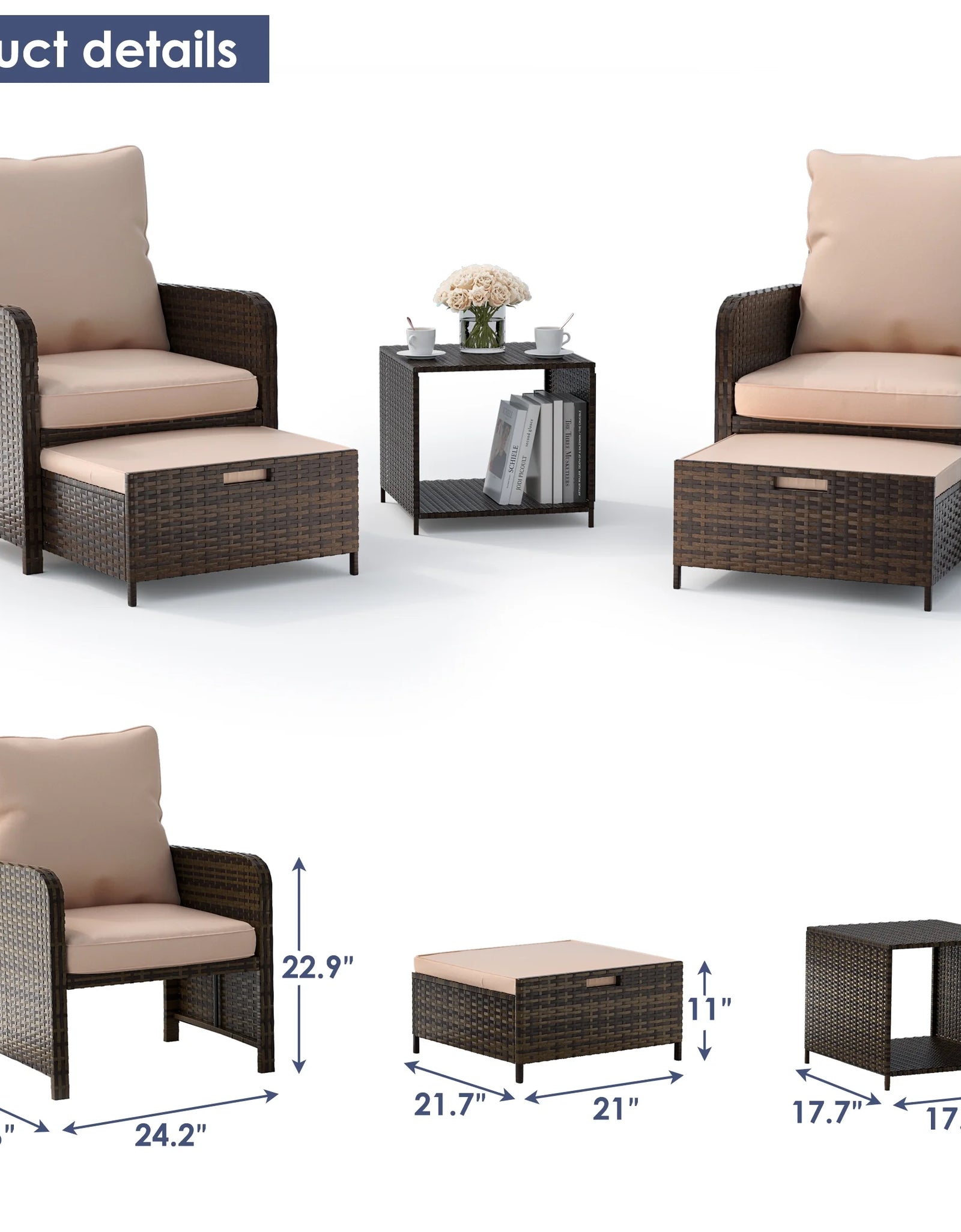 Balcony Furniture 5 Piece Patio Furniture Set, Outdoor Patio Chair , Khaki