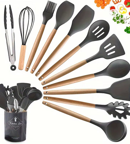 Kitchen Silicone Cooking Utensils, 12 Pc Kitchen Utensil Set, Wooden Kitchen Utensils, Kitchen Gadgets and Spatula Set