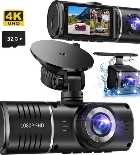 Dash Cam, 3 Channel Dash Cam, 4K+1080P Dash Cam Front and Inside, Triple Dash Cam,Car Night Vision Dash Camera with 32GB Card, HDR, G-Sensor, 24Hr Parking, Front Rear Dash Cam Loop Recording