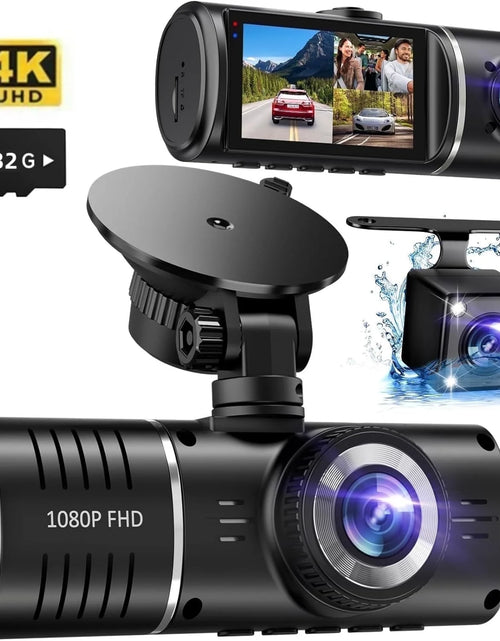 Load image into Gallery viewer, Dash Cam, 3 Channel Dash Cam, 4K+1080P Dash Cam Front and Inside, Triple Dash Cam,Car Night Vision Dash Camera with 32GB Card, HDR, G-Sensor, 24Hr Parking, Front Rear Dash Cam Loop Recording
