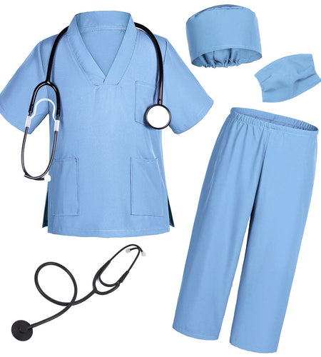 Doctor Costume for Kids Scrubs Pants with Accessories Set Toddler Children Cosplay 8-9 Years Sky Blue