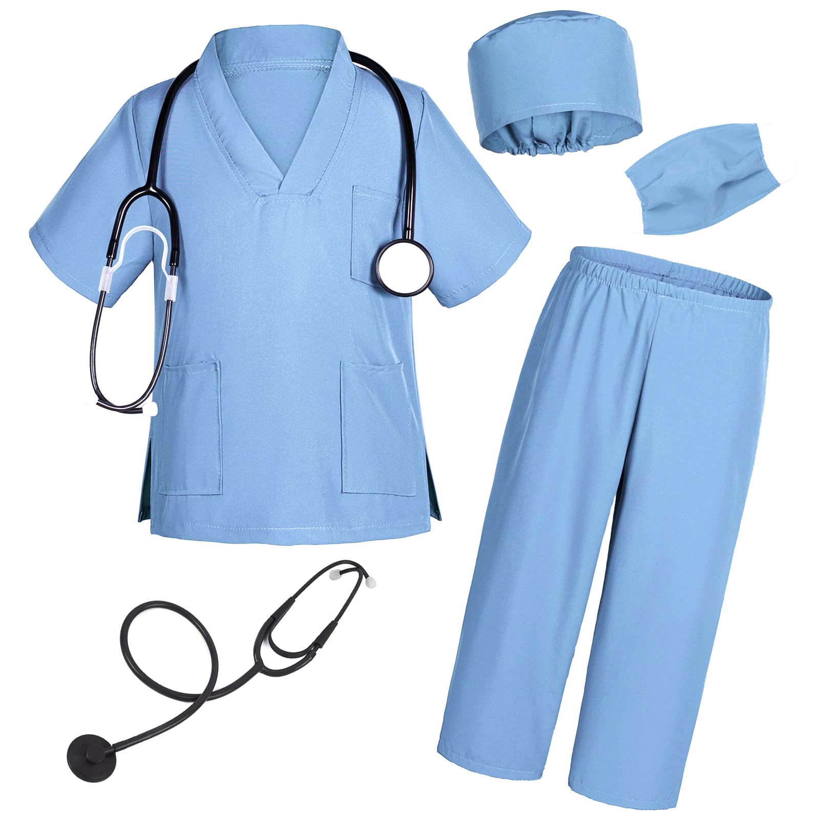 Doctor Costume for Kids Scrubs Pants with Accessories Set Toddler Children Cosplay 8-9 Years Sky Blue