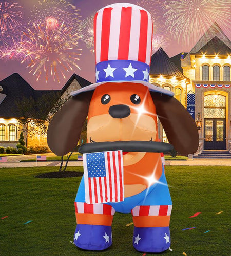 4Th of July Inflatables 4FT Dog with American Flag Independence Day Blow up Inflatable Yard Decorations with Built-In Leds for Holiday Party Indoor Outdoor Yard Garden Lawn