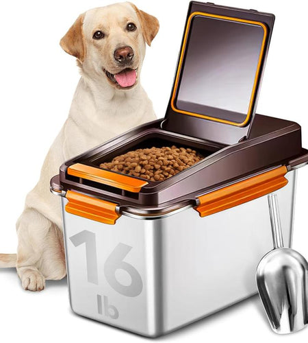 Dog Food Storage Container Stainless Steel with Scoop, 16Lb/7.4Kg Airtight Pet Metal Food Storage Bin, Cat Food Container for Dry Dog Food, Cat Food, Bird Seed, Keep Food Fresh, Brown