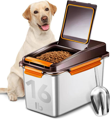 Dog Food Storage Container Stainless Steel with Scoop, 16Lb/7.4Kg Airtight Pet Metal Food Storage Bin, Cat Food Container for Dry Dog Food, Cat Food, Bird Seed, Keep Food Fresh, Brown