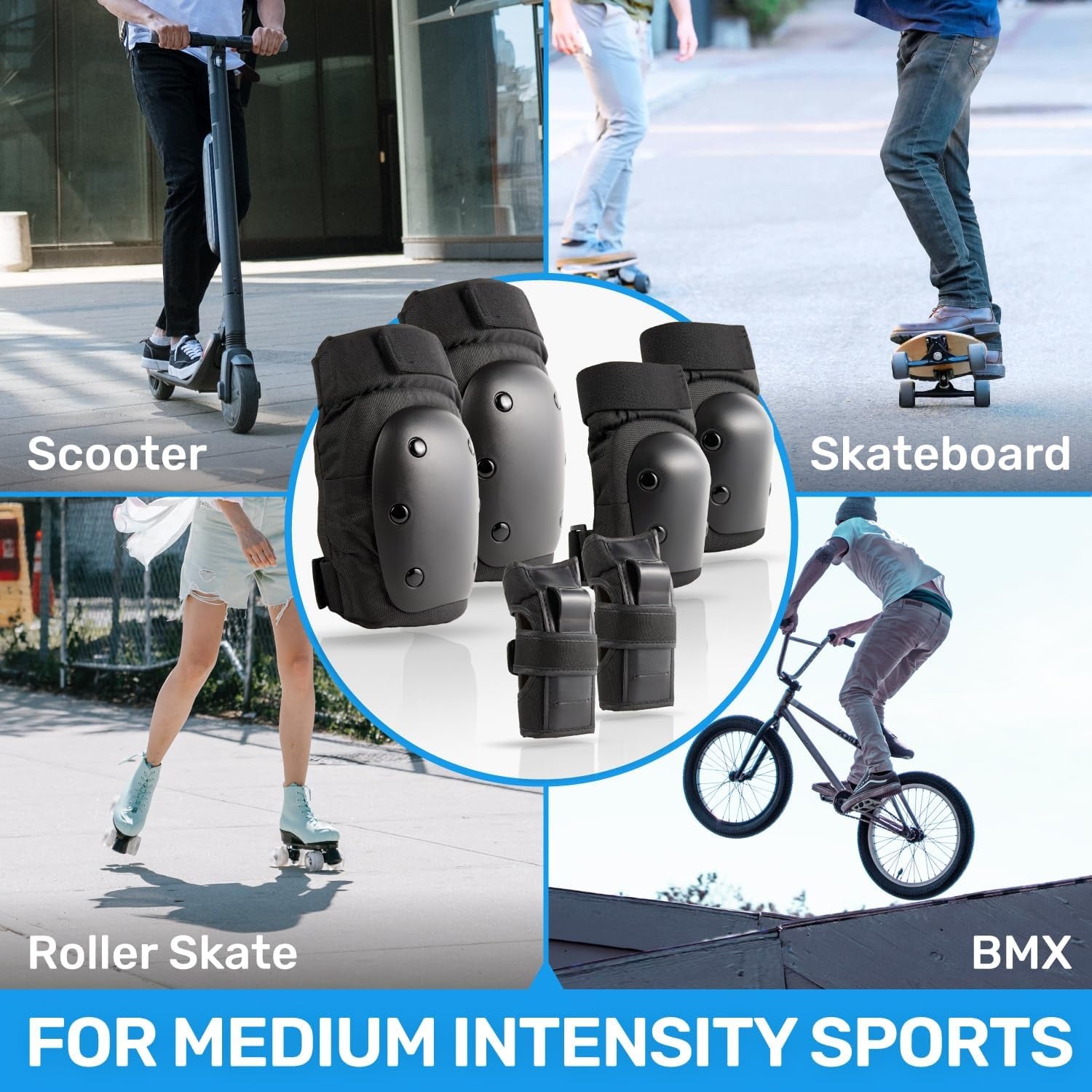 Protective Gear Set: Knee Pads, Wrist Guards, Elbow Pads - Comfortable & Adjustable for Adults & Kids, Ideal for Skating, Biking, Scooter, Rollerblade & More