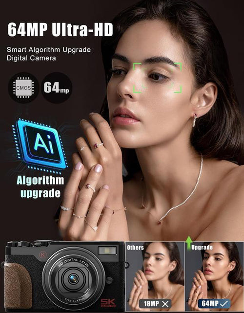 Load image into Gallery viewer, NBD Digital Camera | 64MP 5K Vlogging with 180° Flip Screen | 18X Digital Zoom | 32GB SD Card &amp; 2 Batteries | Perfect for Beginners and Enthusiasts Black Photography Beginner
