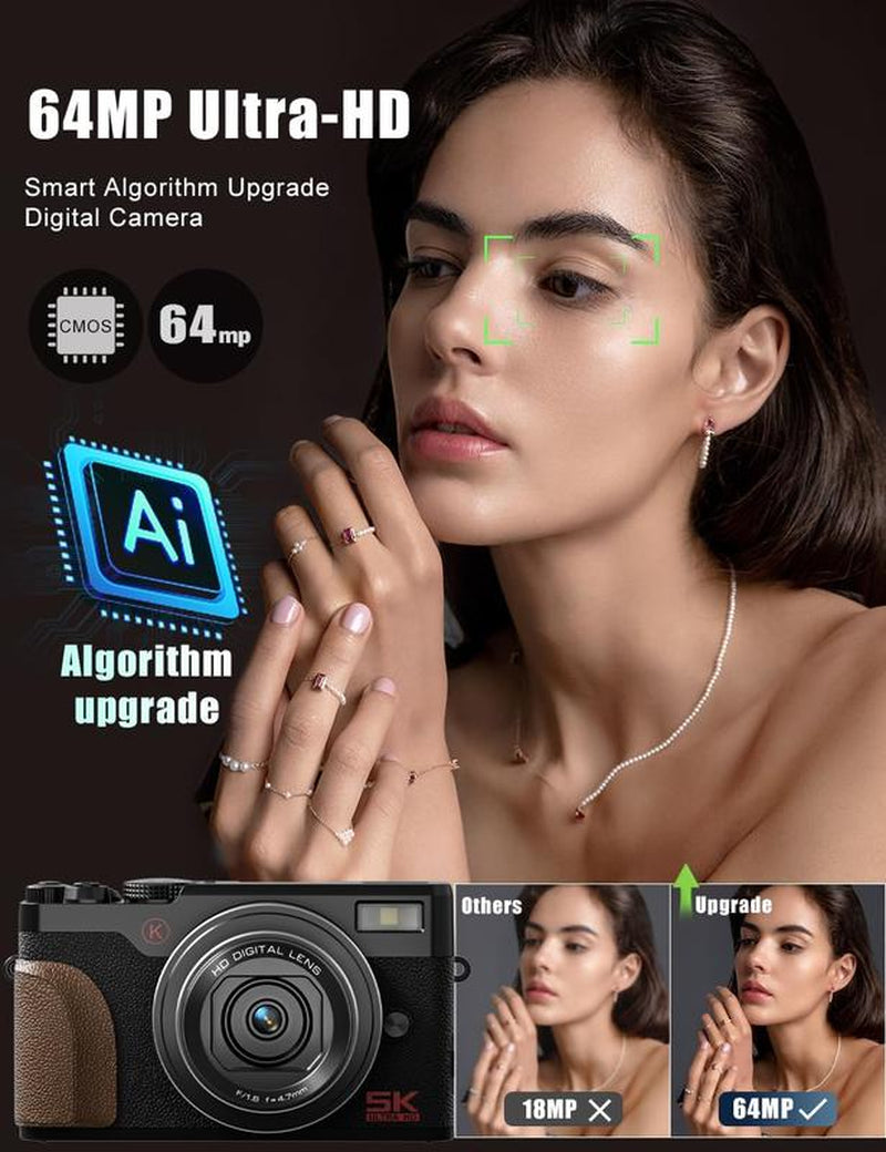 NBD Digital Camera | 64MP 5K Vlogging with 180° Flip Screen | 18X Digital Zoom | 32GB SD Card & 2 Batteries | Perfect for Beginners and Enthusiasts Black Photography Beginner