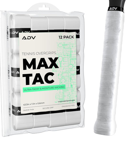 Maxtac Tacky Tennis Overgrip - 12 Pack Extremely Sticky Non-Slip Tennis Grips Overgrip - Razor-Thin & Easy to Use Pro Tennis Racquet Grip Tape, White