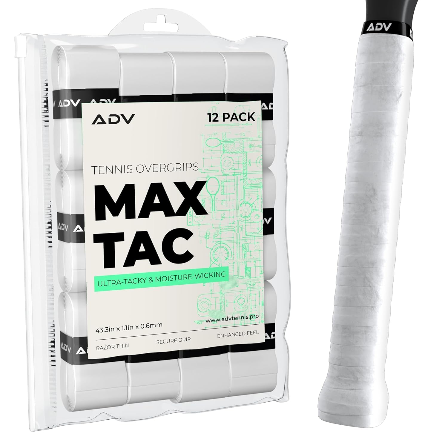 Maxtac Tacky Tennis Overgrip - 12 Pack Extremely Sticky Non-Slip Tennis Grips Overgrip - Razor-Thin & Easy to Use Pro Tennis Racquet Grip Tape, White