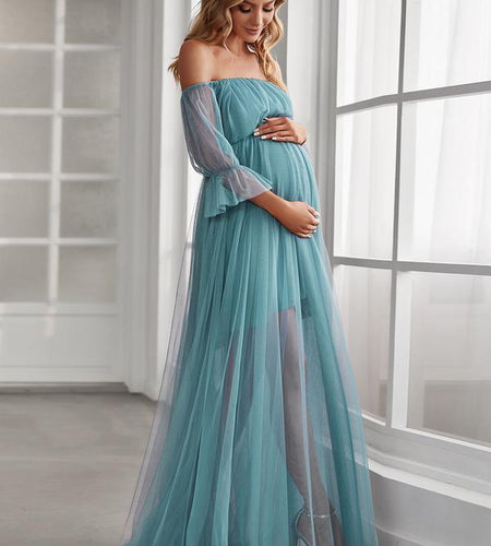 EVER PRETTY Sheer Off-Shoulder Double Skirt Maxi Maternity Dress below the Ankle Square Neckline Long Sleeves Concealed Zipper Back 20862