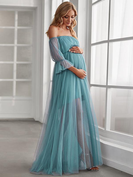 EVER PRETTY Sheer Off-Shoulder Double Skirt Maxi Maternity Dress below the Ankle Square Neckline Long Sleeves Concealed Zipper Back 20862