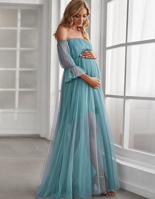 Load image into Gallery viewer, EVER PRETTY Sheer Off-Shoulder Double Skirt Maxi Maternity Dress below the Ankle Square Neckline Long Sleeves Concealed Zipper Back 20862
