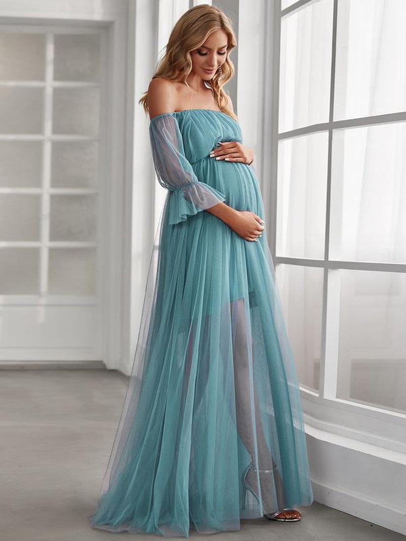 EVER PRETTY Sheer Off-Shoulder Double Skirt Maxi Maternity Dress below the Ankle Square Neckline Long Sleeves Concealed Zipper Back 20862