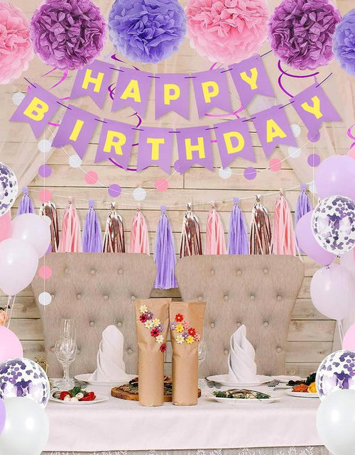 Load image into Gallery viewer, Purple Pink Birthday Party Decorations Set with Happy Birthday Banner, Hanging Swirls, Tissue Paper Pompoms, Circle Dots Garland &amp; More Balloons
