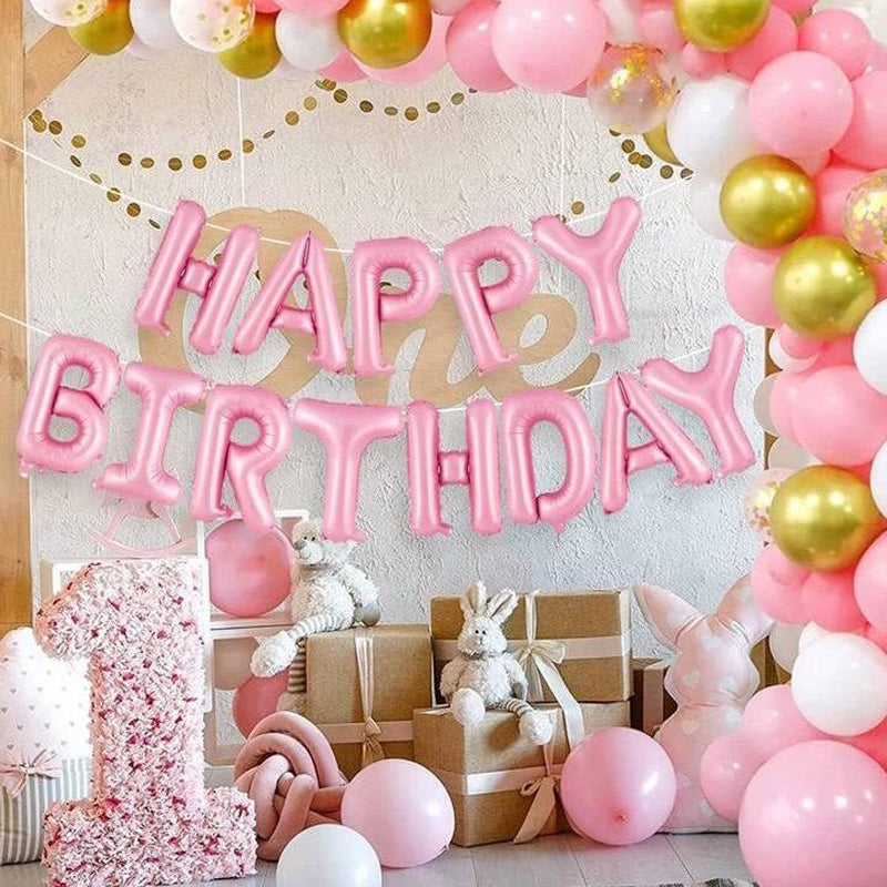 59Pcs Pink Birthday Party Decoration Set Including Happy Birthday Banner, Latex Balloons, 4D round Foil Balloons with Glue Dots, and White Ribbon Birthday Balloon Foil Balloon Party Decoration Birthday Decoration