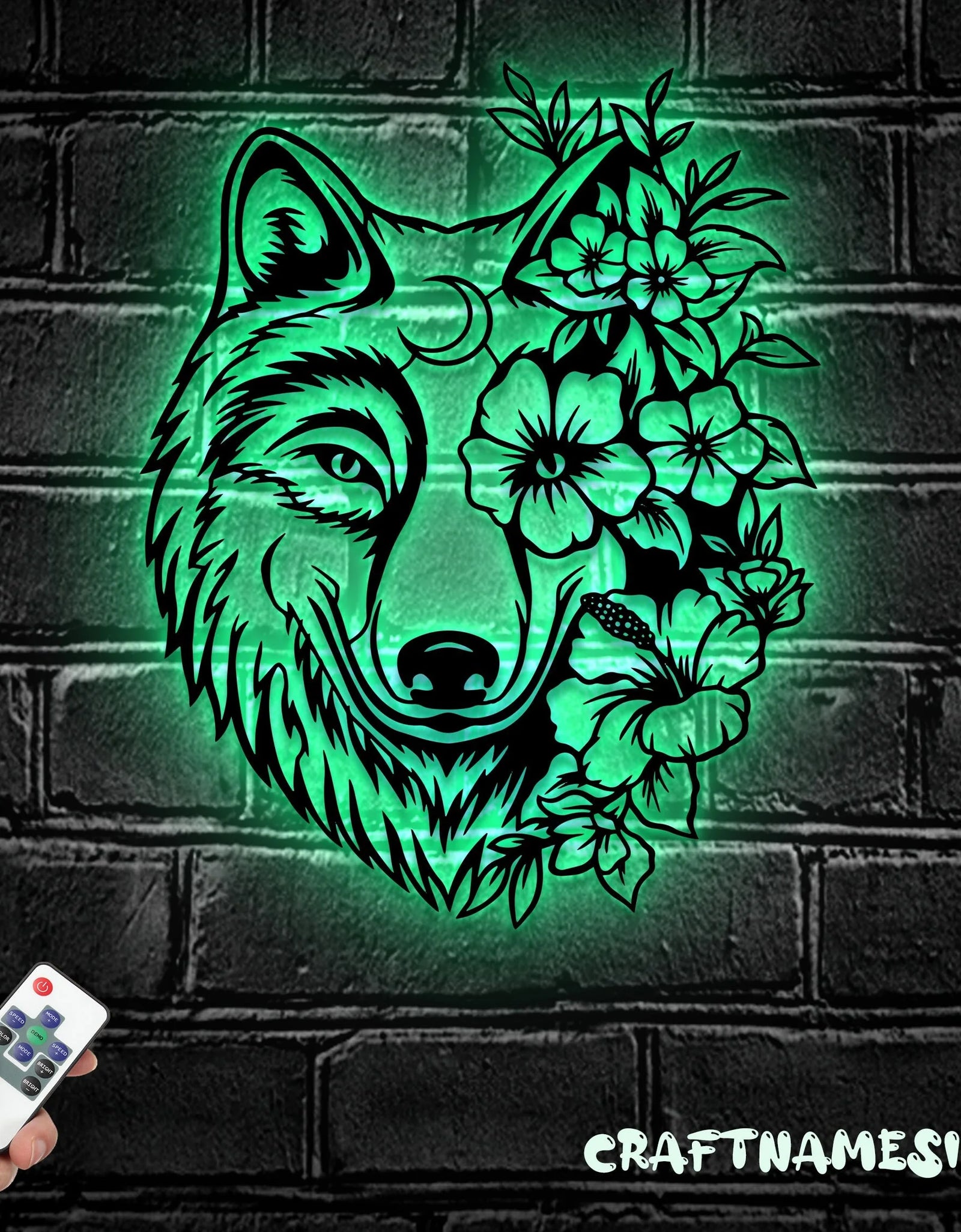 Floral Wolf Metal Wall Art LED Light, Wolf Sign Home Decor, Ideal for Home Decor