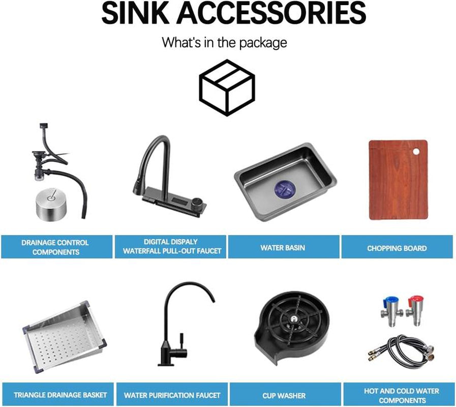 Bronstarz 29.5*18 INCH Black Nano Drop in Kitchen Sink 304 Stainless Steel Waterfall Sink with Pull down Sprayhead Faucet Single Bowl Drop in Kitchen Sink Workstation with LED TEMP Display (29.5 X 18 IN)