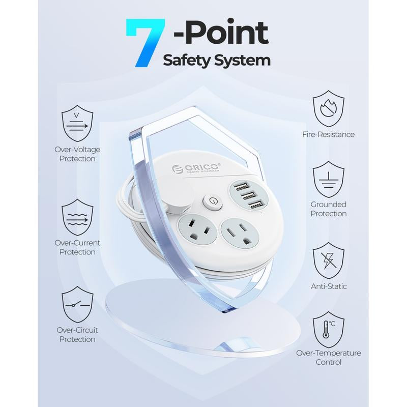 ORICO Travel Power Strip, Travel Essentials, Travel Extension Cord with 3 Outlets 3 USB Ports, 4FT Wrapped around Extension Cord for Travel Cruise Ship Beach Vacation Essentials White-Or-3A3U