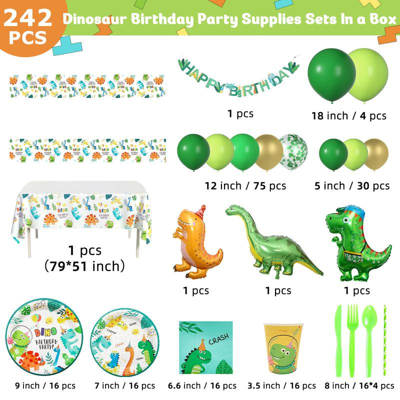 Dinosaur Birthday Party Supplies Set - 242 PCS Green Balloon Garland Arch Kit with Dino Balloons, Tableware, and Decorations