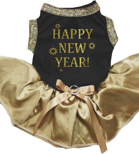 Happy New Year Puppy Dog Dress (Black/Gold, Small)