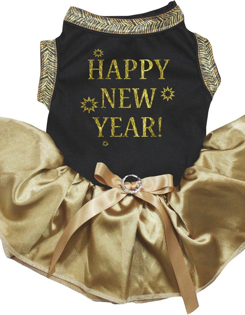 Load image into Gallery viewer, Happy New Year Puppy Dog Dress (Black/Gold, Small)
