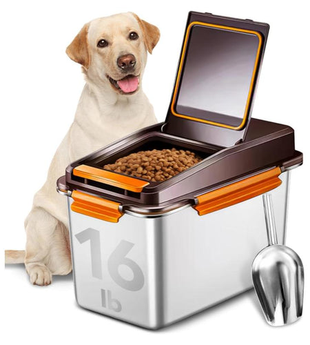 Dog Food Storage Container Stainless Steel with Scoop, 16Lb/7.4Kg Airtight Pet Metal Food Storage Bin, Cat Food Container for Dry Dog Food, Cat Food, Bird Seed, Keep Food Fresh, Brown
