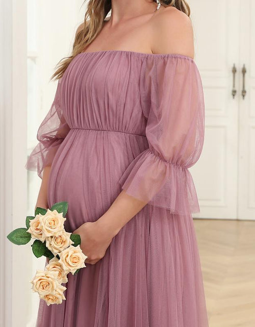 Load image into Gallery viewer, EVER PRETTY Sheer Off-Shoulder Double Skirt Maxi Maternity Dress below the Ankle Square Neckline Long Sleeves Concealed Zipper Back 20862
