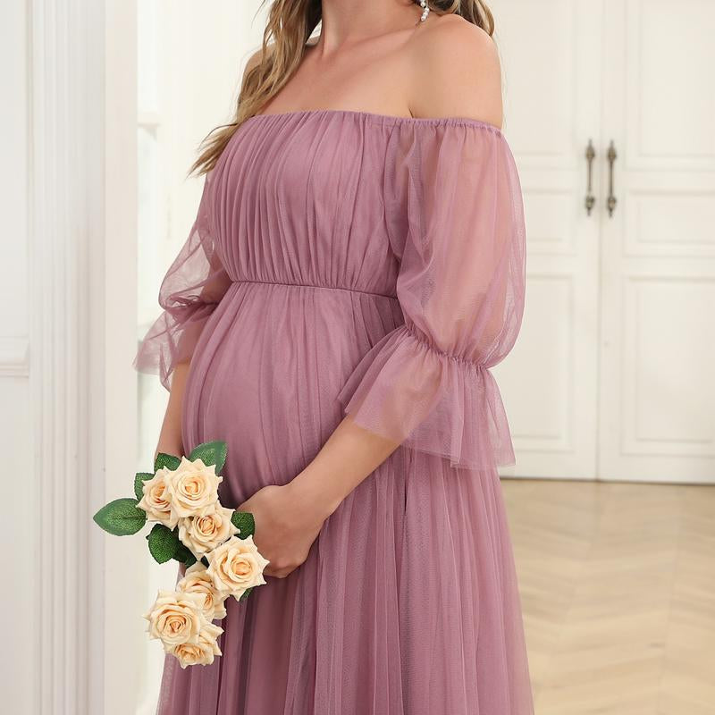 EVER PRETTY Sheer Off-Shoulder Double Skirt Maxi Maternity Dress below the Ankle Square Neckline Long Sleeves Concealed Zipper Back 20862