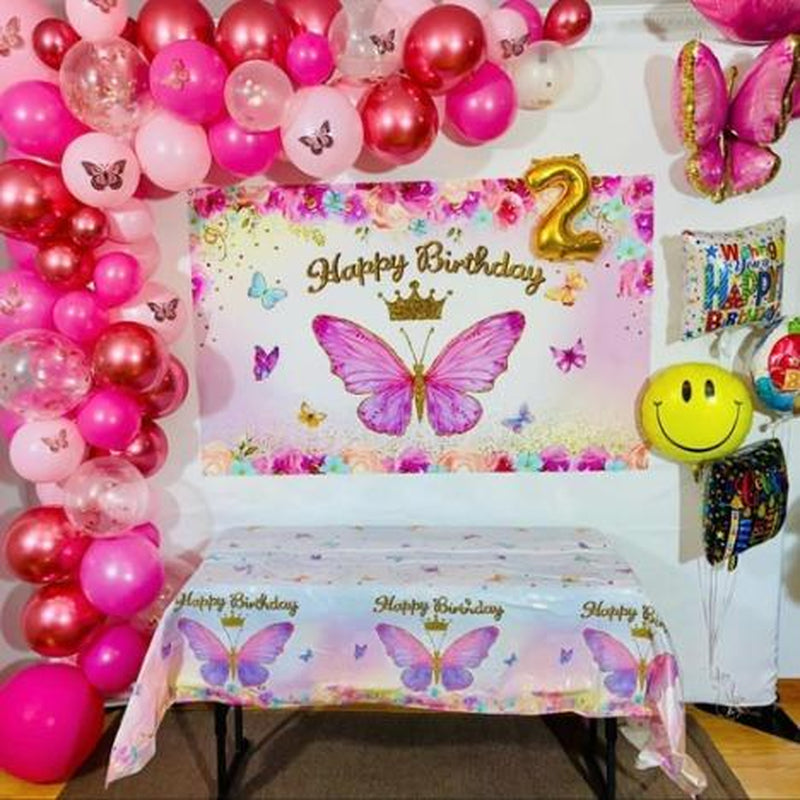 Butterfly Birthday Balloon Arch Kit, 95Pcs Purple Pink Butterfly Birthday Party Decoration DIY Set, Lavender Balloons Foil Balloons, Happy Birthday Backdrop Tablecloth, Girl'S Birthday Party Balloon Garland, Party Supplies, Father'S Day Gift