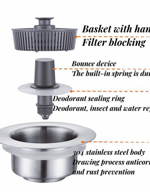 Load image into Gallery viewer, Upgraded 3 in 1 Kitchen Sink Drain Strainer - Stopper Set, Stainless Steel Kitchen Sink Stopper, Pop up Anti-Clogging Sink Strainer Basket Filter for US Standard 3-1/2 Inch Kitchen Drain
