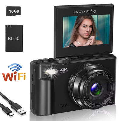 4K Compact Digital Photography Camera, 18X Digital Zoom, Vintage Vlog Video Recorder for Youtube, 180° Flip Screen, Wifi Webcam