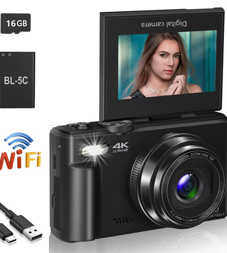 4K Compact Digital Photography Camera, 18X Digital Zoom, Vintage Vlog Video Recorder for Youtube, 180° Flip Screen, Wifi Webcam