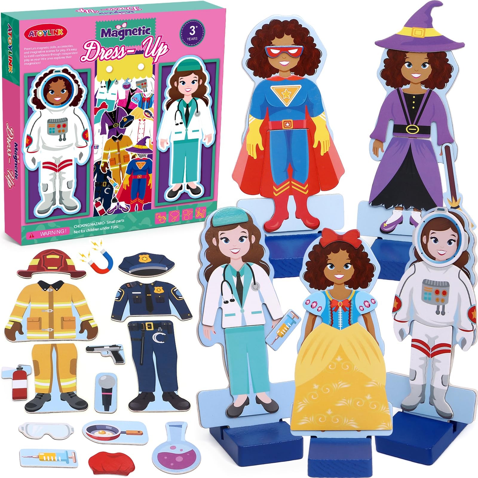 Atoylink Wooden Magnetic Dress up Dolls for Girls Pretend Play Set Princess/Witch/Occupations Community Helpers Matching Games Fashion Paper Dolls for Toddlers Preschool Learning Toys Gifts
