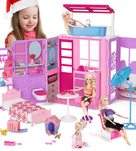 Yellow River Portable Doll House One Set Fortable Dollhouse with Loft Bed Table Basin& Pets 40+pcs Doll Accessories Dolls Play House Toys Birthday Xmas Gifts for Girls 3 4 5 6 7 8+