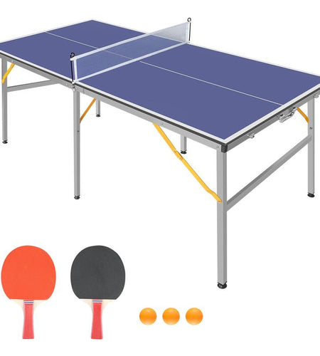 6Ft Mid-Size Table Tennis Table Foldable & Portable Ping Pong Table Set for Indoor & Outdoor Games with Net, 2 Table Tennis Paddles and 3 Balls