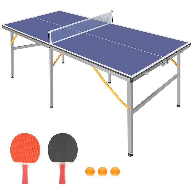 6Ft Mid-Size Table Tennis Table Foldable & Portable Ping Pong Table Set for Indoor & Outdoor Games with Net, 2 Table Tennis Paddles and 3 Balls