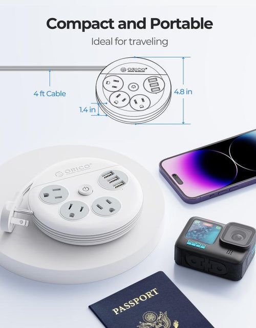Load image into Gallery viewer, ORICO Travel Power Strip, Travel Essentials, Travel Extension Cord with 3 Outlets 3 USB Ports, 4FT Wrapped around Extension Cord for Travel Cruise Ship Beach Vacation Essentials White-Or-3A3U
