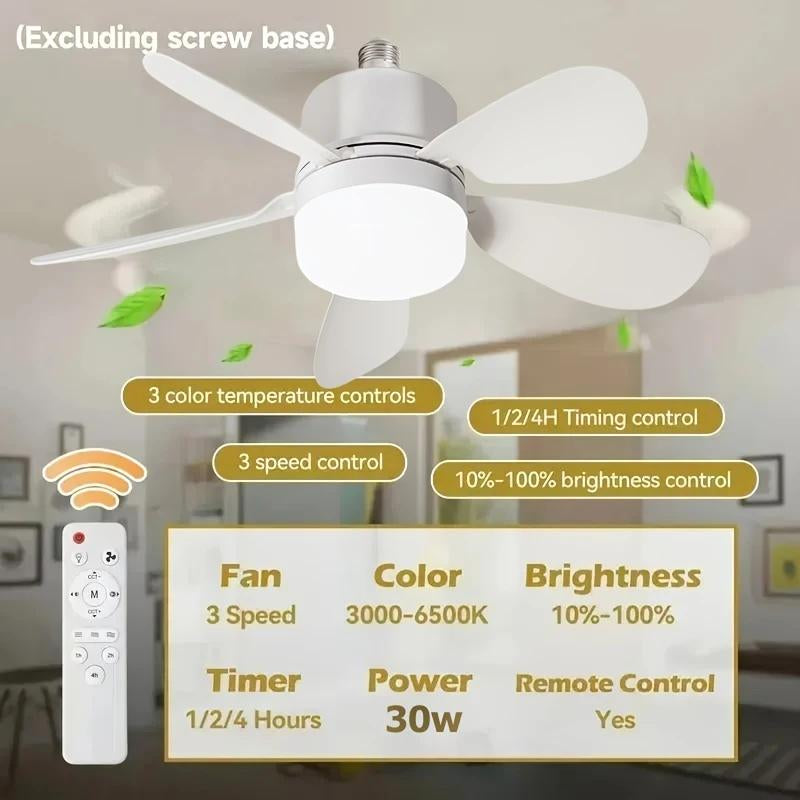 Socket Ceiling Fan Light with Remote Control, E27 Base Dimmable LED Energy Saving Lamp, 3 Levels Dimming, Suitable for Bedroom, Living Room, Kitchen