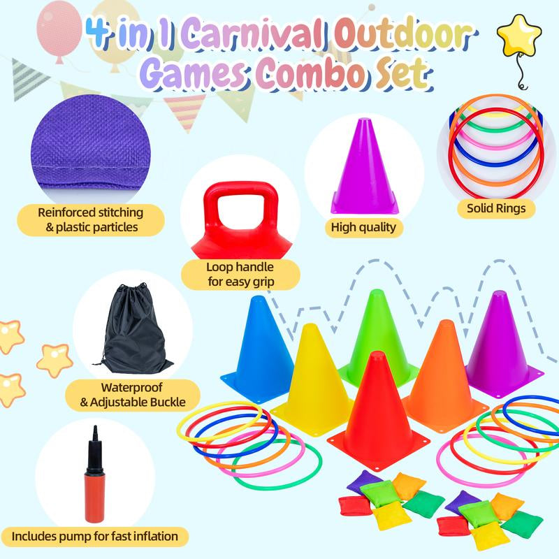 Joyspot 4 in 1 Carnival Outdoor Games Combo Set for Kids, Soft Plastic Cones Bean Bags Ring Toss Game,Gift for Kids