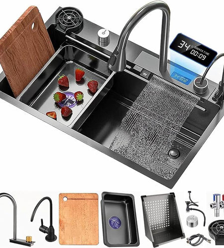 Bronstarz 29.5*18 INCH Black Nano Drop in Kitchen Sink 304 Stainless Steel Waterfall Sink with Pull down Sprayhead Faucet Single Bowl Drop in Kitchen Sink Workstation with LED TEMP Display (29.5 X 18 IN)