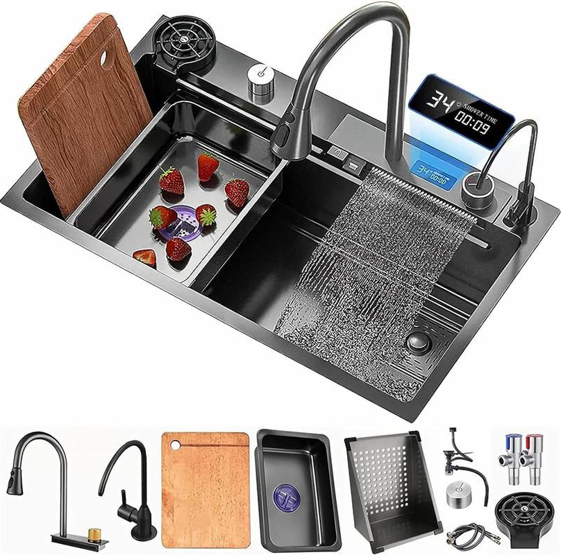Bronstarz 29.5*18 INCH Black Nano Drop in Kitchen Sink 304 Stainless Steel Waterfall Sink with Pull down Sprayhead Faucet Single Bowl Drop in Kitchen Sink Workstation with LED TEMP Display (29.5 X 18 IN)